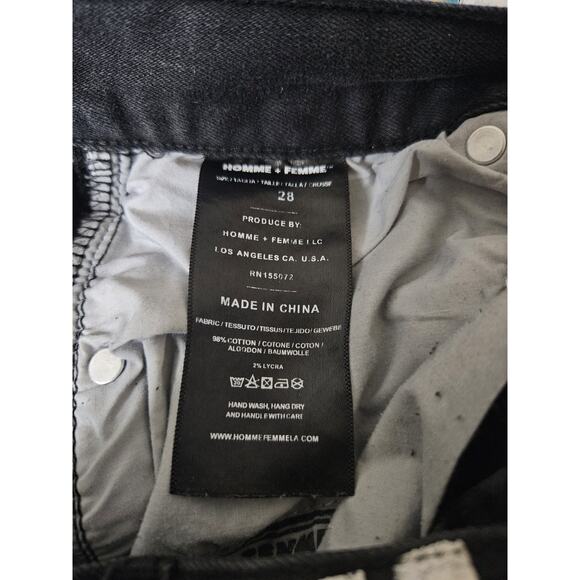 Homme + Femme Skinny Distressed Jeans Mens Black/White Logo Stripes - Sz 28 - Picture 6 of 8